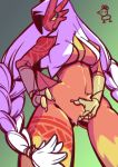  anthro avian beak blaziken blue_eyes braided_hair breasts chromatic_aberration crotch_grab crotch_tuft female grope hair nintendo pok&eacute;mon pok&eacute;mon_(species) single_braid solo standing tattoo tribal_tattoo under_boob unknown_artist video_games 