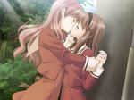  2girls against_wall blush brown_hair chin_grab closed_eyes cousins eyes_closed hairband hand_holding hand_on_another's_face incest kiss kitajima_kaede kitajima_sara long_hair multiple_girls peko purple_hair school_uniform schoolgirl siblings sisters sono_hanabira_ni_kuchizuke_wo sunlight tree wavy_hair yuri 