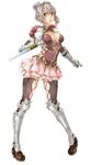  afurichin armor armored_dress breasts cleavage copyright_request dual_wielding green_eyes highres holding horns large_breasts silver_hair skirt solo tonfa weapon white_background 