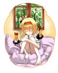  alice_margatroid bad_id bad_pixiv_id barefoot blonde_hair bow closed_eyes doll frilled_pillow frills hair_bow hairband highres leg_hug panties pantyshot pantyshot_(sitting) pillow shamo_(koumakantv) shanghai_doll short_hair sitting sleeping solo touhou underwear window 