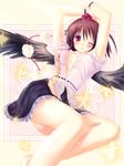  armpits bad_id bad_pixiv_id black_wings blush breasts breasts_apart brown_hair cleavage hat highres kimikimi looking_at_viewer medium_breasts open_clothes open_shirt red_eyes shameimaru_aya shirt solo thighs tokin_hat touhou wince wings 
