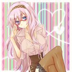  adjusting_eyewear bad_id bad_pixiv_id bespectacled blue_eyes breasts cleavage crossed_legs glasses large_breasts long_hair looking_at_viewer megurine_luka mikipa pink_hair sitting sleeves_rolled_up solo thighhighs vocaloid 