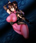  1girl areolae armor armpits black_hair bodysuit breasts covered_nipples curvy dagger fishnets gauntlets large_breasts lips lipstick makeup navel ninja nipples orange_eyes pink_bodysuit ponytail see-through shoulder_pads skin_tight solo soulcalibur sword taki_(soulcalibur) weapon 