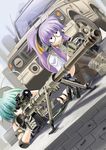  ahoge aqua_eyes aqua_hair bipod bolt_action cheytac_m200 copyright_request dutch_angle excel_(gewalt) glasses gloves ground_vehicle gun long_hair motor_vehicle multiple_girls panties pantyhose pantyshot ponytail purple_hair rifle scope sitting sniper sniper_rifle sniper_team striped striped_panties trigger_discipline truck underwear weapon 