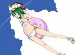  bikini blue_eyes blush flat_chest front-tie_top frown green_hair hat innertube morino_harifu navel pigeon-toed shiki_eiki short_hair side-tie_bikini sky solo swimsuit touhou 