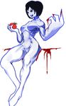  arm bad_id bad_pixiv_id black_hair blood blue_skin derekireba highres monster_girl muscle mutant nude short_hair smile solo tomato 