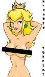  armpits arms_behind_head arms_up artist_name bad_anatomy bangs bar_censor blonde_hair blue_eyes breasts censored closed_mouth crown earrings eyelashes h4xx0rz_5upr3m3 jewelry long_hair looking_at_viewer mario_(series) medium_breasts navel nintendo nipple_censor nude pink_lips princess_peach simple_background smirk solo super_mario_bros. upper_body white_background 
