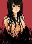  black_hair breasts brown_eyes kazaana long_hair medium_breasts nipples original simple_background solo topless 