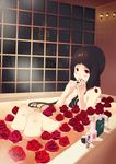  bad_id bad_pixiv_id bath bathroom bathtub black_hair black_nails blush flower highres kacchuu long_hair mole mole_under_eye nail_polish night nude original petals petals_on_liquid red_eyes rose rose_petals solo steam water window 