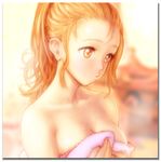  breasts cleavage dead_or_alive ebina_souichi kasumi_(doa) large_breasts long_hair orange_eyes orange_hair ponytail solo towel wet 