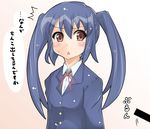  blazer blue_hair blush brown_eyes censored efg jacket k-on! nakano_azusa school_uniform solo translated twintails 