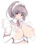  akatsuki_alut blush breast_suppress breastless_clothes breasts brown_hair elbow_gloves eyebrows frills gloves huge_breasts inverted_nipples long_hair maid maid_headdress mel/a nipples no_bra open_clothes open_mouth original ponytail puffy_nipples red_eyes smile solo upper_body white_gloves 