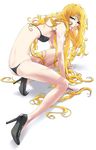  70s ass back black_panties blonde_hair blue_eyes bra breasts curly_hair ginga_tetsudou_999 high_heels highres legs lingerie lips long_hair maetel nansui_kinoko oldschool panties shoes skinny small_breasts solo thong underwear underwear_only very_long_hair 