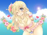  beach black_eyes blonde_hair blush bracelet breasts claymore cleavage cloud day flora_(claymore) flower frills heart huge_breasts jewelry leaning_forward lens_flare long_hair one_eye_closed open_mouth outdoors pocopoco ring sky solo sun 