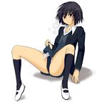  amagami black_eyes black_hair black_jacket blush breath he_(eve) jacket kibito_high_school_uniform long_sleeves nanasaki_ai one-piece_swimsuit open_collar school_uniform short_hair skirt skirt_lift solo spread_legs sweatdrop swimsuit swimsuit_under_clothes 