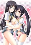  :o akiyama_mio asymmetrical_docking bangs black_eyes black_hair blue_ribbon blush breast_press breasts breasts_outside brown_eyes cowboy_shot eyebrows_visible_through_hair flat_chest grey_skirt heart k-on! large_breasts lifted_by_another long_hair multiple_girls nakano_azusa narutaki_shin neck_ribbon panties parted_lips red_ribbon ribbon school_uniform shirt_lift short_sleeves skirt skirt_lift striped striped_panties take_your_pick thighhighs twintails underwear white_legwear yuri 