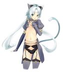  animal_ears black_panties cat_ears cat_tail chobin collar cropped_legs flat_chest garter_belt grey_eyes headband long_hair meracle_chamlotte midriff navel open_clothes panties ponytail simple_background solo star_ocean star_ocean_the_last_hope tail thighhighs underwear white_background white_hair 