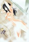  absurdres armpits arms_behind_head arms_up bath bathroom black_hair blue_eyes breasts censored convenient_censoring copyright_request dutch_angle highres large_breasts nipples nude scan showering solo steam tsunashima_shirou 