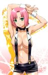  armpits arms_up bow bowtie breasts green_eyes large_breasts miniskirt naked_suspenders navel panties pink_hair pink_panties revealing_clothes rio_rollins short_hair skirt smile solo super_blackjack suspenders thong topless ueyama_michirou underwear wrist_cuffs 