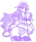  blush breasts copyright_request dress dress_lift huge_breasts long_hair maid mel/a monochrome oekaki panties pointy_ears purple solo striped striped_panties tail thighhighs underwear 