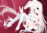  animal_ears aqua_eyes bow bunny bunny_ears bunny_tail feathers flat_chest fur hato_rami high_heels long_hair nude original shoes sitting solo tail thighhighs twintails very_long_hair white_hair white_legwear 