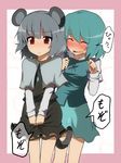  animal_ears aqua_hair blush chipa_(arutana) closed_eyes grey_hair mouse_ears mouse_tail multiple_girls nazrin open_mouth red_eyes short_hair skirt skirt_grab tail tail_insertion tail_rape tatara_kogasa touhou translated v_arms wavy_mouth yuri 