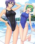  arena_(company) arm_up armpits asics barefoot blue_eyes breasts chain-link_fence cloud competition_swimsuit covered_nipples day feet fence green_hair hair_ornament hand_on_hip happy highleg highleg_swimsuit kenkou_zenrakei_suieibu_umishou kuri_(kurigohan) large_breasts leaning leg_lift multiple_girls ninagawa_amuro one-piece_swimsuit orizuka_momoko outdoors pink_eyes pool poolside purple_hair short_hair sky smile swimsuit thigh_gap water x_hair_ornament 