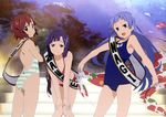  absurdres aoba_tsugumi bikini blue_hair blush brown_hair day highres kadowaki_satoshi kannagi leaning_forward long_hair multiple_girls nagi official_art one-piece_swimsuit purple_eyes purple_hair red_eyes sash school_swimsuit short_hair side-tie_bikini striped striped_swimsuit swimsuit very_long_hair zange 