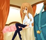  aisaka_taiga bad_id bad_pixiv_id bag bed bedroom brown_eyes brown_hair dress_shirt dressing frilled_pillow frills indoors keychain long_hair navel no_pants open_mouth panties pillow shirt solo supopo thighhighs toradora! underwear 