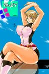  1girl armpits arms_up ass belt blue_eyes boots bouncing_breasts breasts brown_hair covered_nipples crossed_legs curvy huge_ass large_breasts mylene_hoffman short_hair sitting solo thick_thighs thighs wide_hips ya-zy 