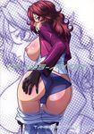  ass ass_grab blush breasts brown_eyes brown_hair celestial_being_uniform embarrassed from_behind gloves grabbing_own_ass gundam gundam_00 highres jacket large_breasts looking_back nipples no_bra panties solo sumeragi_lee_noriega thigh_gap underwear undressing yokota_mamoru 