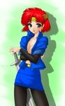  akanako blush breasts cleavage earrings ghost_sweeper_mikami jewelry medium_breasts pantyhose pencil_skirt red_hair short_hair shoryuki skirt solo sword weapon 