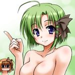  &lt;o&gt;_&lt;o&gt; ahoge breasts chibi chibi_inset flat_chest fuyou_kaede green_hair hair_ribbon index_finger_raised large_breasts looking_at_viewer lowres multiple_girls nude peter_(gvb) purple_eyes ribbon shigure_asa shuffle! smile upper_body yandere 
