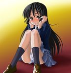  akiyama_mio black_eyes black_hair blush highres k-on! long_hair narurun_(final123) panties pantyshot pantyshot_(sitting) school_uniform sitting solo striped striped_panties tears underwear 