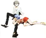  1girl absurdres artist_request ayanami_rei blue_hair breasts food fruit highres legs lemon medium_breasts miniskirt nagisa_kaworu neon_genesis_evangelion neon_genesis_evangelion:_iron_maiden official_art pale_skin red_eyes sandals scan short_hair sideboob silver_hair skirt 