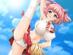  1girl breast_expansion breasts cheerleader game_cg impossible_clothes impossible_shirt kurumi_akizawa panties pink_hair shinshoku shinshoku_2 shirt skirt sky solo spread_legs stretch stretching sumisumi thighhighs touchable underwear walnut_(shinshoku) 