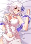  1girl alternate_costume artist_name azur_lane bed_sheet blush breasts choker cleavage closed_mouth collarbone dress eyebrows_visible_through_hair eyes_visible_through_hair fingernails flower genm7 hair_between_eyes hair_flower hair_ornament hair_ribbon halter_dress hand_on_own_stomach hand_up head_tilt highres large_breasts looking_at_viewer lying on_back purple_flower purple_ribbon red_eyes ribbon sapphire_(gemstone) short_hair sidelocks signature sirius_(azur_lane) solo white_dress white_hair 