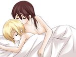 bed bed_sheet blonde_hair blush breasts brown_hair cleavage couple cuddling erica_hartmann gertrud_barkhorn kanata_(sentiment) medium_breasts multiple_girls naked_sheet nude pillow short_hair sleeping strike_witches under_covers world_witches_series yuri 