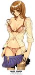  breasts brown_eyes brown_hair copyright_request lingerie maggi medium_breasts miniskirt skirt sleeves_rolled_up solo underwear undressing 