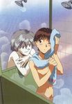  absurdres artist_request blue_eyes blush brown_hair groin highres ikari_shinji male_focus multiple_boys nagisa_kaworu neon_genesis_evangelion nude one_eye_closed pale_skin red_eyes scan showering silver_hair smile steam towel 