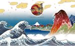  cloud copyright_name fine_art_parody highres kanagawa_okinami_ura landscape mountain nihonga no_humans ocean okama onore_no_shinzuru_michi_wo_yuke parody petals scenery wallpaper watermark waves 