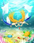  :d bad_id bad_pixiv_id blonde_hair blue_eyes breasts bubble caustics copyright_request coral fins fish highres interlocked_fingers long_hair mermaid monster_girl multiple_girls nude open_mouth sea_anemone sea_turtle siblings small_breasts smile snail starfish turtle twenty twins underwater 