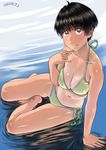  arm_support ayumu_(zenkou) bikini black_hair breasts brown_eyes cleavage dated fang green_bikini large_breasts looking_at_viewer navel one-piece_tan original reflection ripples shiny shiny_skin short_hair side-tie_bikini smile solo swimsuit tan tanline water zenkou 