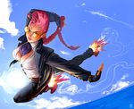  between_breasts braid breasts cleavage cloud crimson_viper dark_skin day fingerless_gloves flying gloves large_breasts long_hair manarama necktie necktie_between_breasts open_clothes open_shirt pompadour shirt sky solo street_fighter street_fighter_iv_(series) sunglasses udon_entertainment 