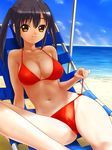  beach bikini black_hair breasts brown_eyes cameltoe chair cleavage covered_nipples day k-on! long_hair lounge_chair medium_breasts nakano_azusa navel outdoors rasukaru red_bikini shade side-tie_bikini sitting solo swimsuit twintails untying 