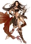  armor black_hair copyright_request greaves grey_eyes long_hair maggi navel solo sword tattoo weapon 