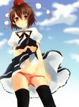  bad_id bad_pixiv_id black_legwear blush brown_hair hat highres looking_at_viewer panties panty_pull pun2 red_eyes shameimaru_aya short_hair skirt skirt_lift solo thighhighs tokin_hat touhou underwear 