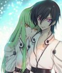  1boy 1girl black_hair breasts c.c. cleavage code_geass collarbone creayus eyebrows_visible_through_hair green_hair hair_between_eyes hand_on_another&#039;s_shoulder lelouch_lamperouge long_hair looking_at_viewer medium_breasts purple_eyes shirt smile upper_body very_long_hair white_shirt yellow_eyes 