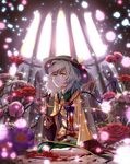  blood flower green_eyes hat injury komeiji_koishi messy_hair rose scissors self-mutilation shippori silver_hair sitting solo statue tears touhou 