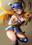  aitanikofu armor blonde_hair blue_armor blue_eyes breasts cleavage daisy_(dq) dragon_quest dragon_quest_yuusha_abel_densetsu gloves helmet large_breasts long_hair panties pantyshot solo striped striped_panties sword thighhighs underwear weapon 